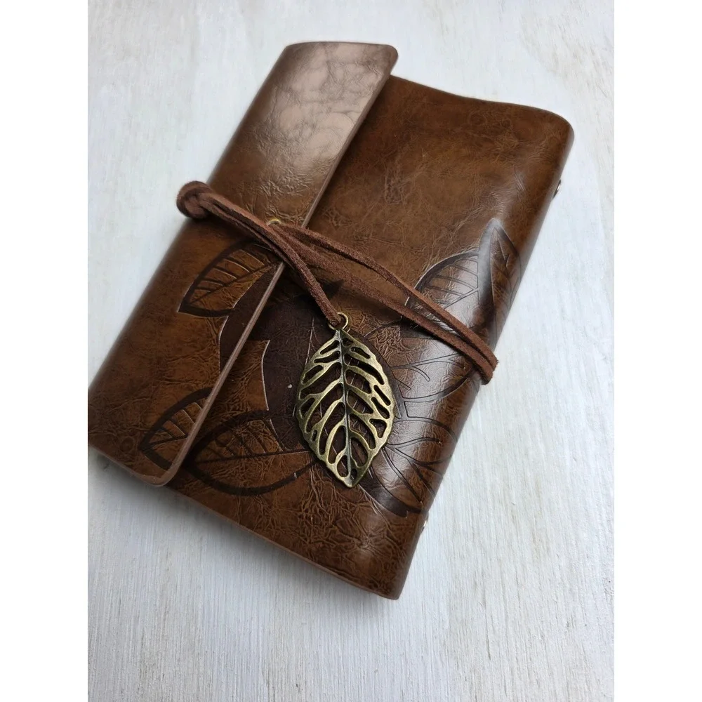 Vintage Leaf Embossed Brown Faux Leather Journal Refillable Boho Cottagecore 7x4